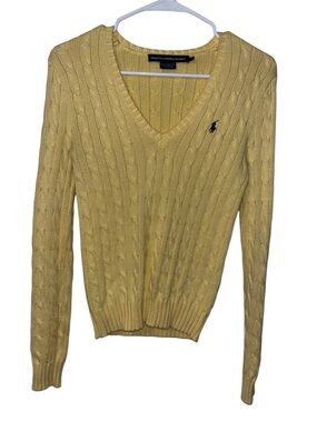 Ralph Lauren Sport Yellow Cable Knit V-Neck Sweater - Women's Small - 100% Cotto